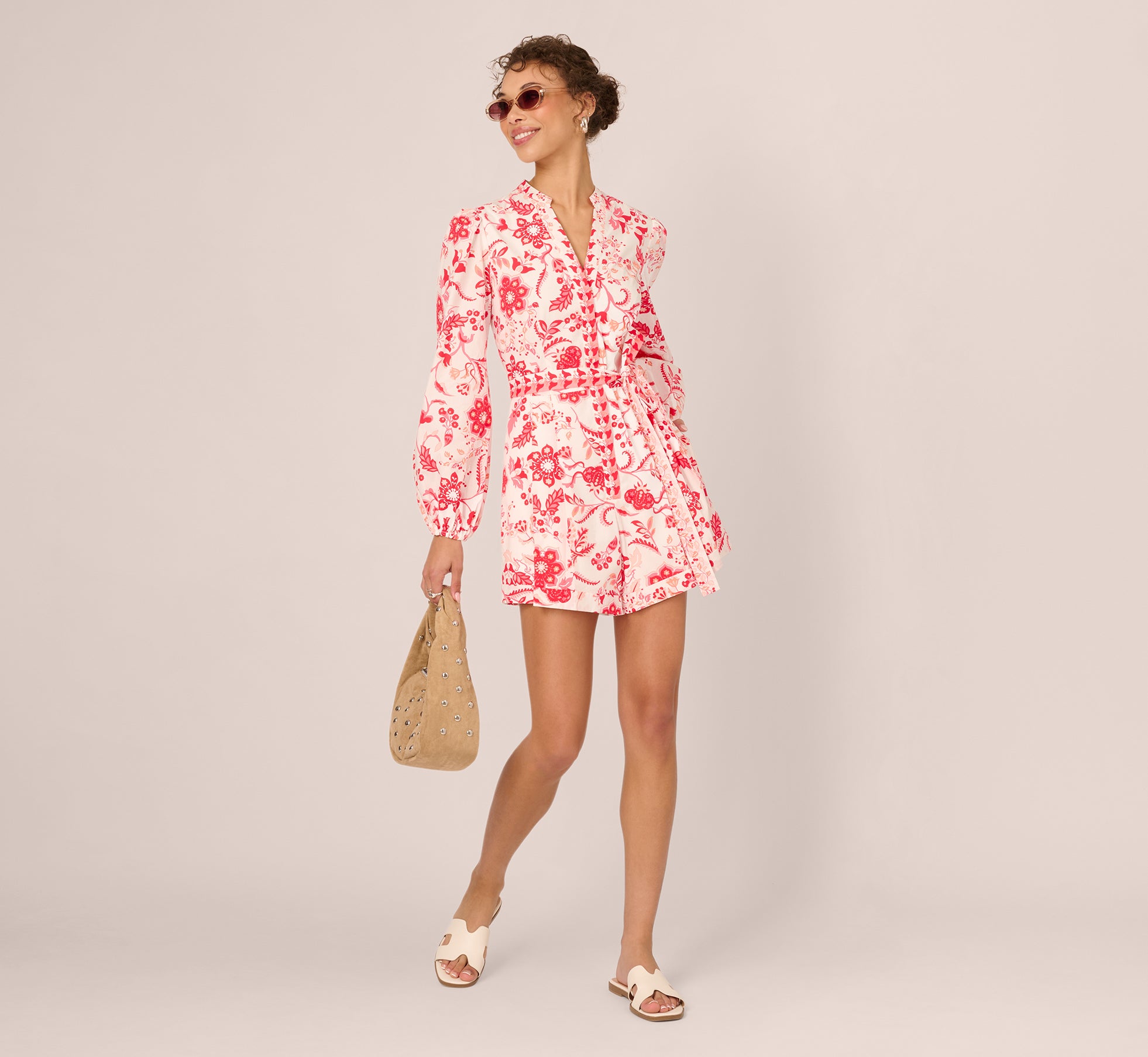 Long Sleeve Tie Front Floral Romper In White Coral Multi 1