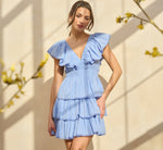 Polka Dot Ruffle Flounce Short Dress In Chambray Blue 1