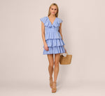 Polka Dot Ruffle Flounce Short Dress In Chambray Blue 2