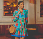 Long Sleeve Printed Flounce Dress In Blue Multi 1