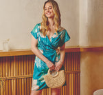 Short Sleeve Tropical Floral Short Wrap Dress In Blue Multi 1