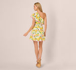 One Shoulder Ruffle Lemon Print Mini Dress In White Multi 6