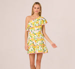 One Shoulder Ruffle Lemon Print Mini Dress In White Multi 3