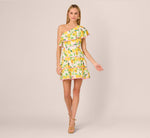 One Shoulder Ruffle Lemon Print Mini Dress In White Multi 8