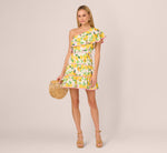 One Shoulder Ruffle Lemon Print Mini Dress In White Multi 2