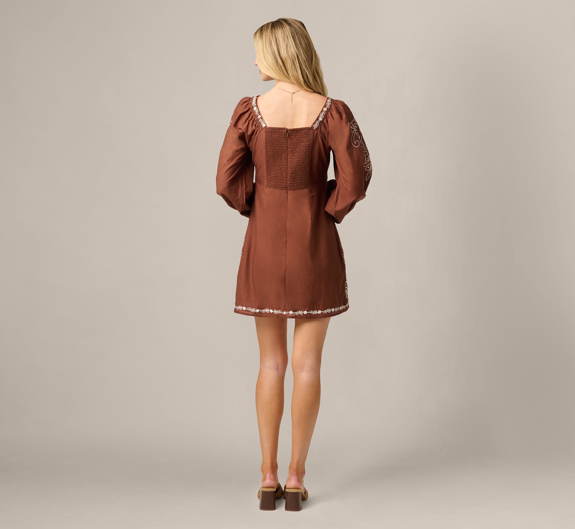mini brown dress with sleeves Brown Long Sleeve Embroidered Cotton Mini Dress