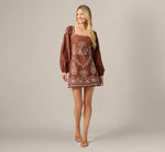 Long Sleeve Embroidered Cotton Mini Dress In Chocolate Ecru 2
