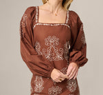Long Sleeve Embroidered Cotton Mini Dress In Chocolate Ecru 4