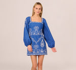 Long Sleeve Embroidered Cotton Mini Dress In Blue White 2