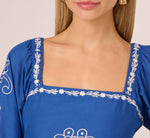 Long Sleeve Embroidered Cotton Mini Dress In Blue White 3