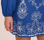 Long Sleeve Embroidered Cotton Mini Dress In Blue White 4