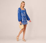 Long Sleeve Embroidered Cotton Mini Dress In Blue White 1