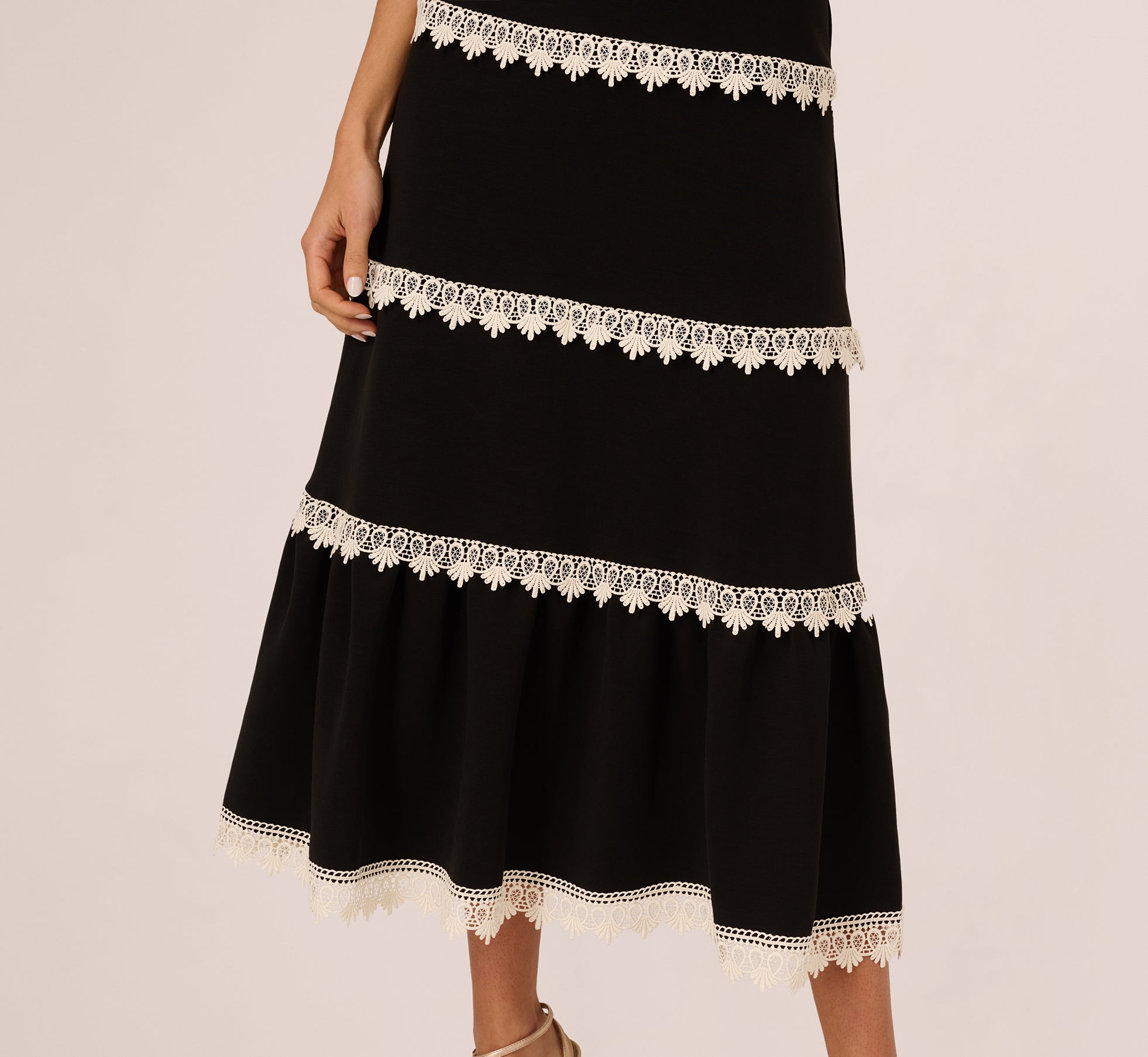 Sleeveless Crochet Lace A Line Midi Dress In Black Ecru 1