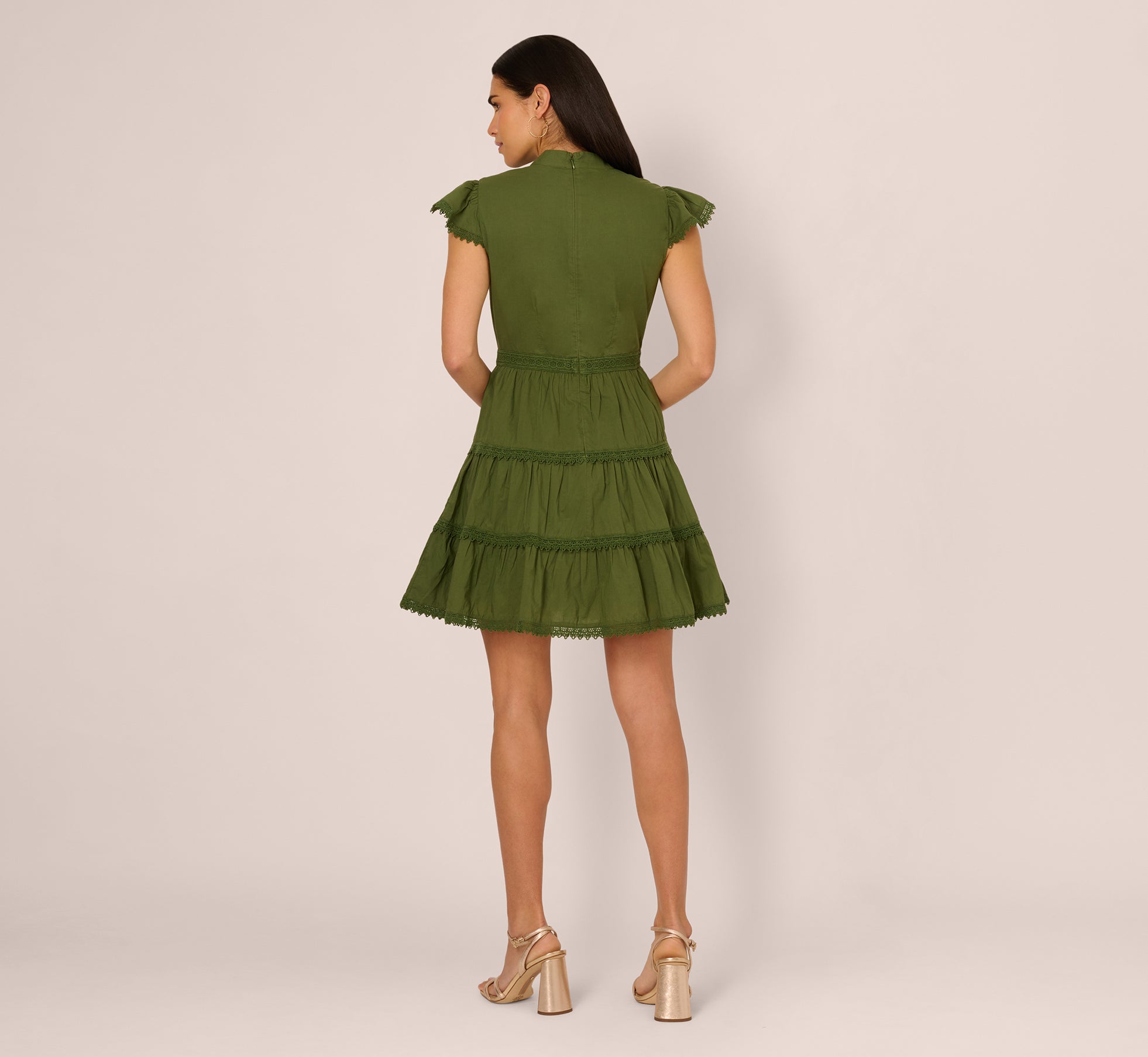 Olive Green Flutter Sleeve Lace Short Cotton Dress - Adrianna Papell Olive Green Flutter Sleeve Lace Short Cotton Dress - Adrianna Papell