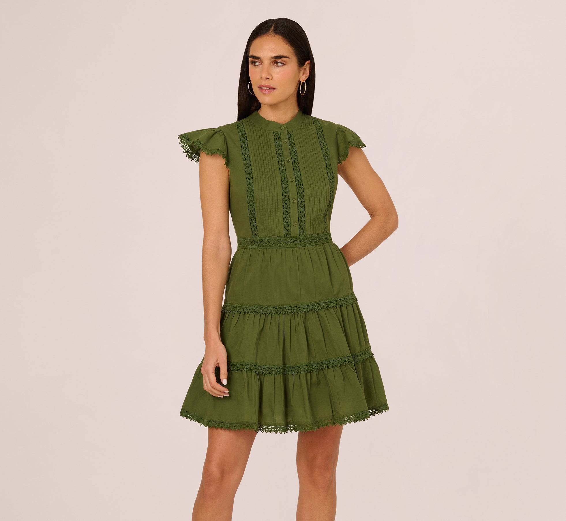Dark Green Flutter Sleeve Lace Short Cotton Dress