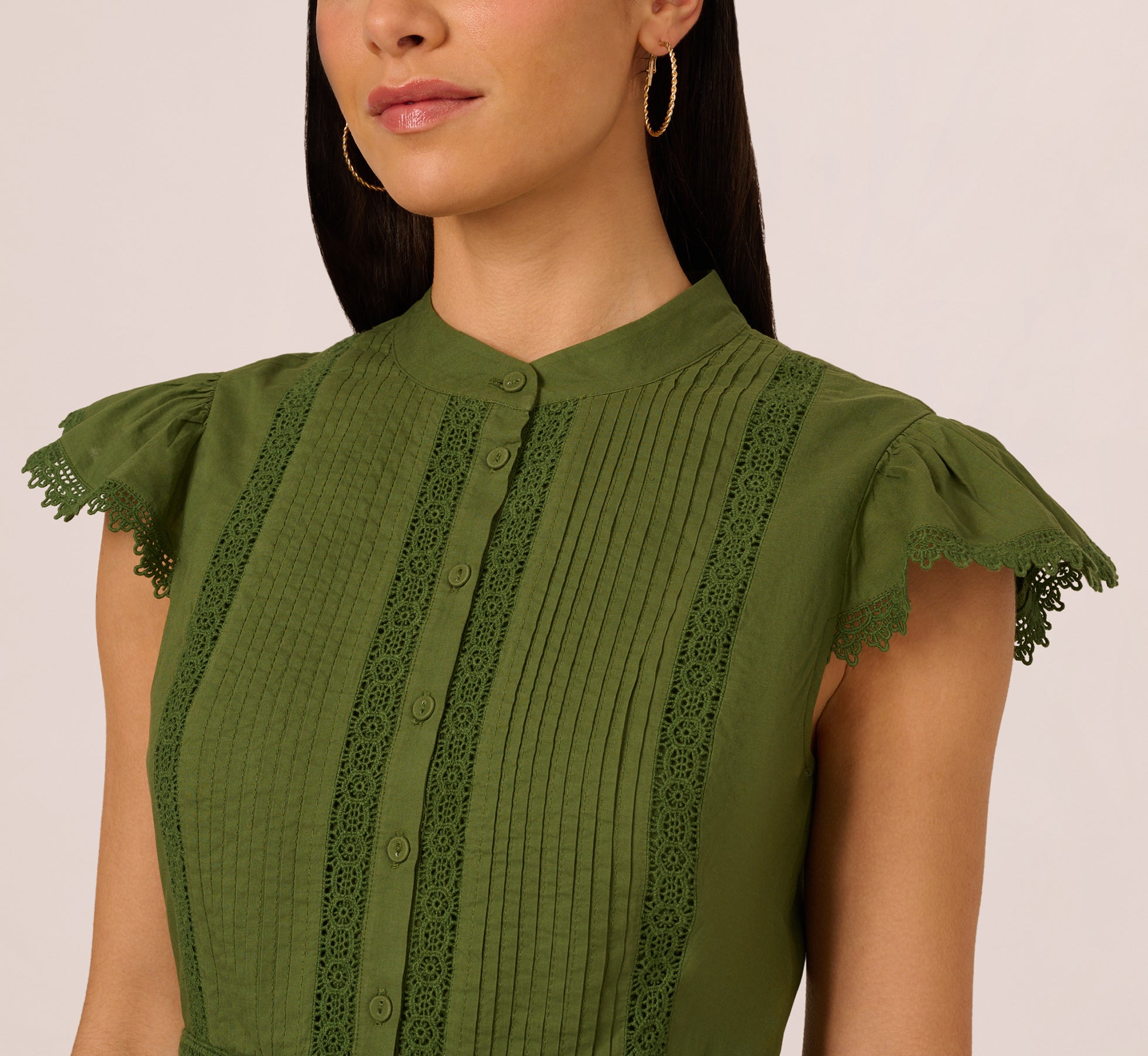 Olive Green Flutter Sleeve Lace Short Cotton Dress - Adrianna Papell Olive Green Flutter Sleeve Lace Short Cotton Dress - Adrianna Papell