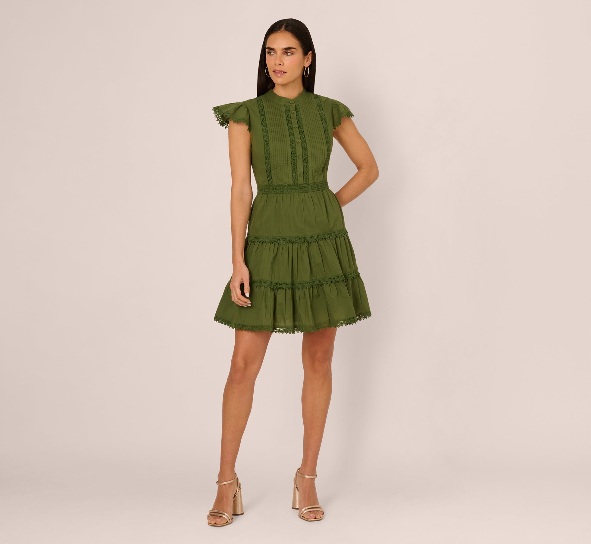Dark Green Flutter Sleeve Lace Short Cotton Dress - Adrianna Papell Dark Green Flutter Sleeve Lace Short Cotton Dress - Adrianna Papell