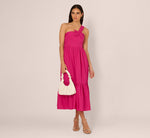 One Shoulder Floral Applique Cotton Midi Dress In Pink 1