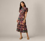 Puff Sleeve Floral Midi Flounce Dress In Burgundy Multi 2