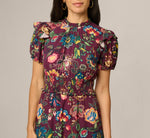 Puff Sleeve Floral Midi Flounce Dress In Burgundy Multi 3