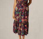 Puff Sleeve Floral Midi Flounce Dress In Burgundy Multi 4