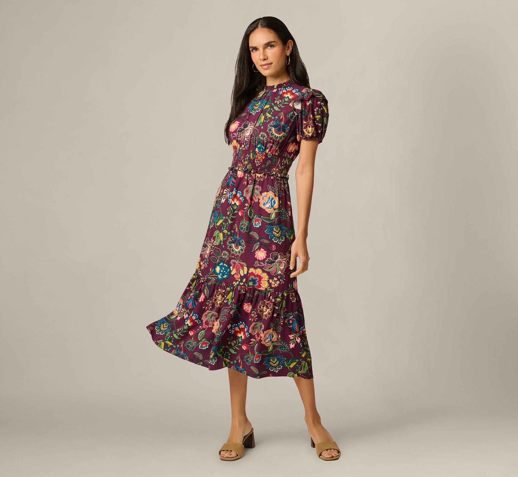 Puff Sleeve Floral Midi Flounce Dress In Burgundy Multi 1