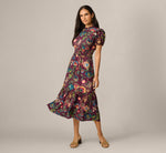 Puff Sleeve Floral Midi Flounce Dress In Burgundy Multi 1