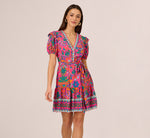 Puff Sleeve Retro Printed Short Dress In Hot Pink Multi 3