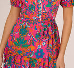 Puff Sleeve Retro Printed Short Dress In Hot Pink Multi 4