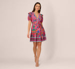 Puff Sleeve Retro Printed Short Dress In Hot Pink Multi 8