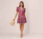 Puff Sleeve Retro Printed Short Dress In Hot Pink Multi 2