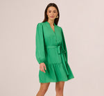 Long Sleeve Scallop Trim Short Dress In Green 2