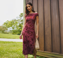 Off Shoulder Burnout Velvet Midi Dress In Amber