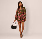 Bishop Sleeve Button Front Floral Romper In Olive Multi 2
