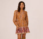 Bishop Sleeve Metallic Paisley A Line Dress In Brown Multi 3