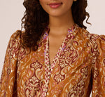 Bishop Sleeve Metallic Paisley A Line Dress In Brown Multi 4