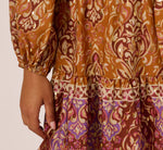 Bishop Sleeve Metallic Paisley A Line Dress In Brown Multi 5