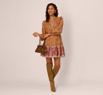 Bishop Sleeve Metallic Paisley A Line Dress In Brown Multi 2