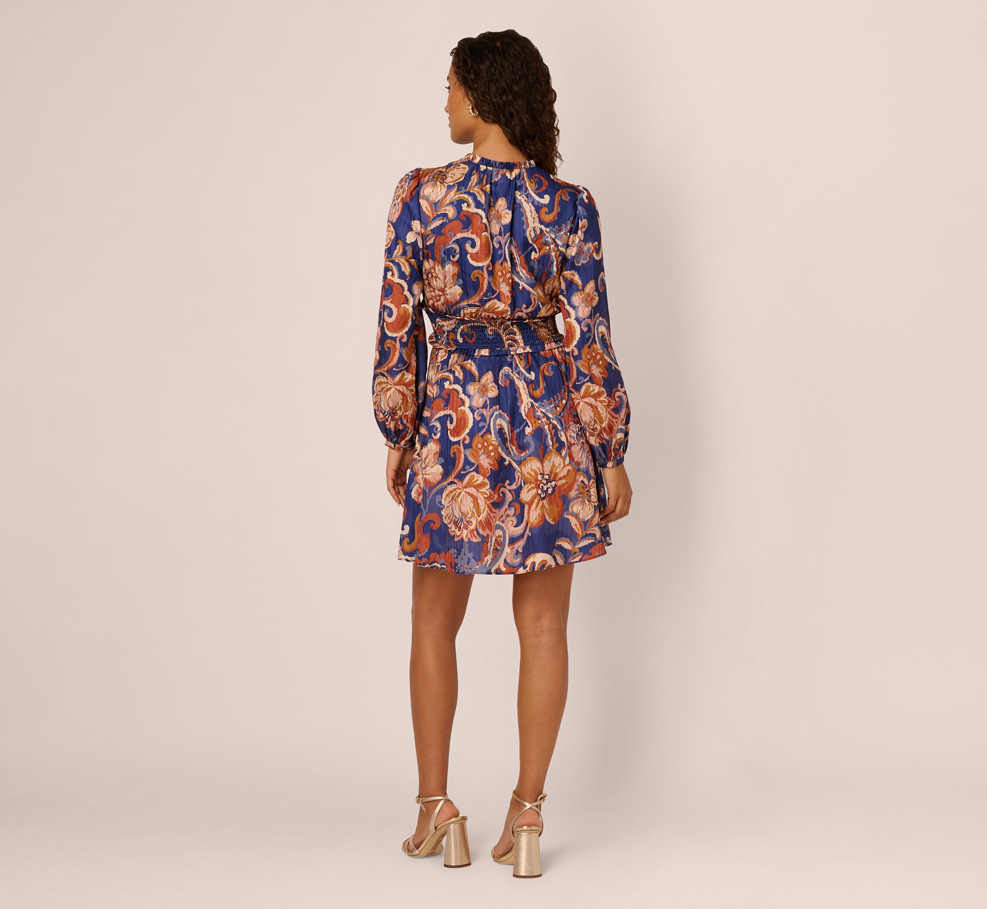 Long Sleeve Paisley Stripe Short Dress In Blue Multi-Blue Multi / Regular /  0