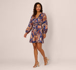 Long Sleeve Paisley Stripe Short Dress In Blue Multi 8