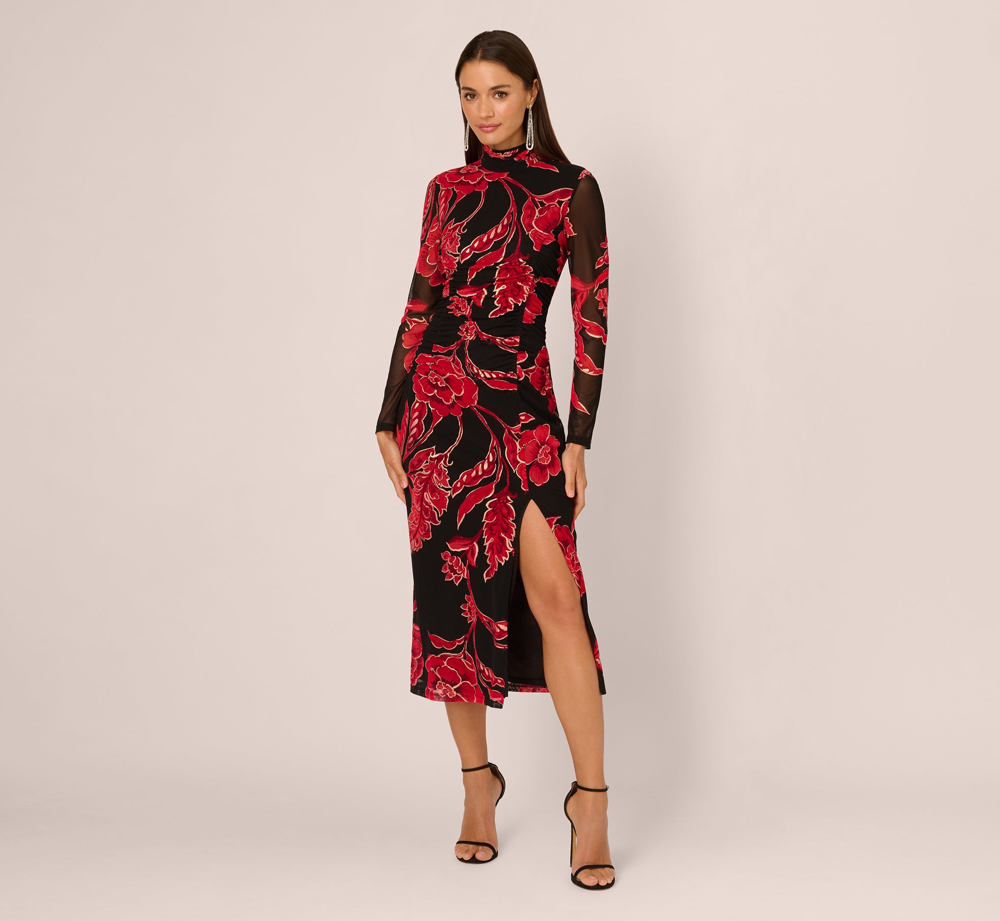 black floral foil printed mesh band collar bodycon dress Sheer Mesh Floral Flocking Ring Linked Criss Cross Halter Maxi Vegas Dress  In BLACK