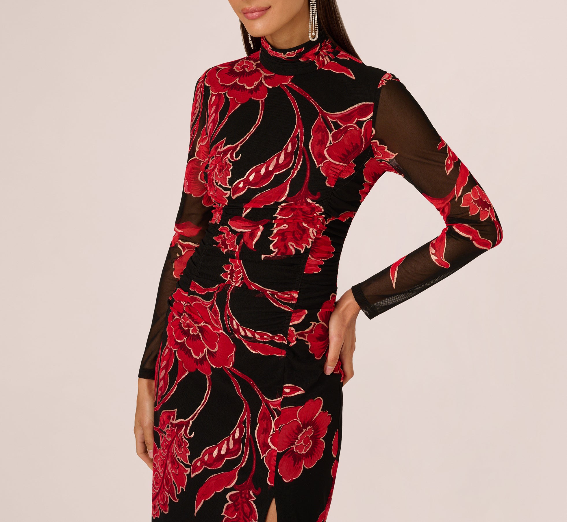 Multi Colored Long Sleeve Floral Mesh Bodycon Midi Dress - Adrianna Papell Multi Colored Long Sleeve Floral Mesh Bodycon Midi Dress - Adrianna Papell