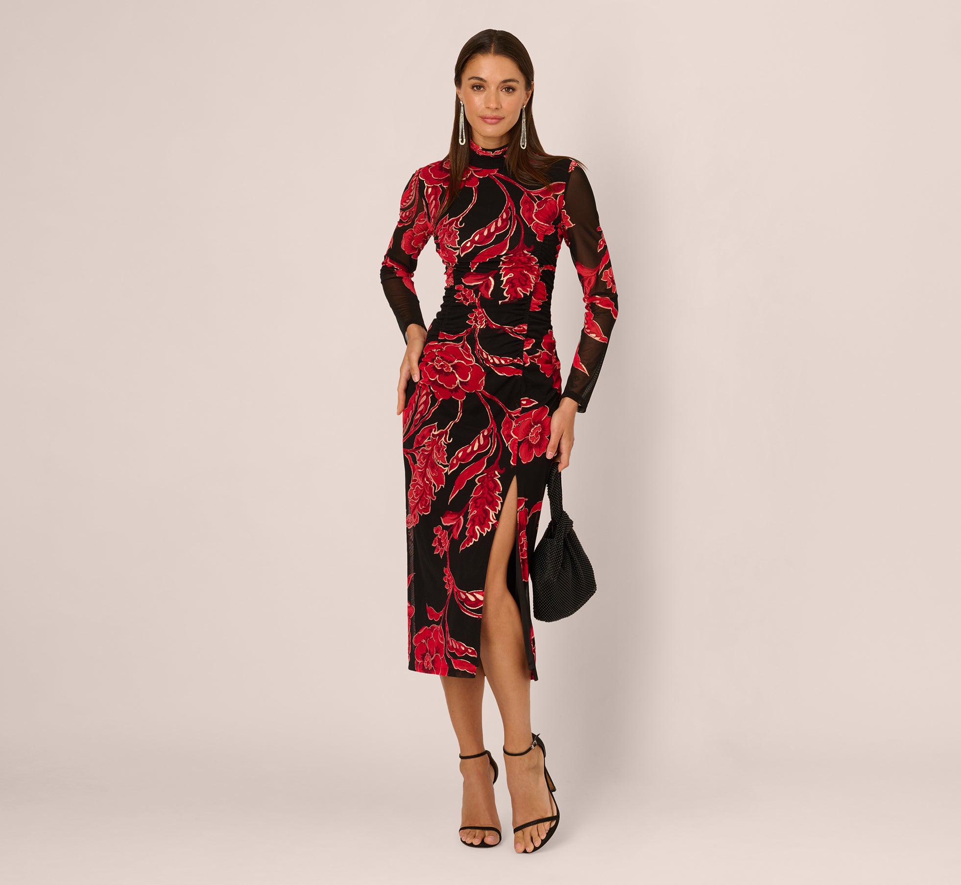 Multi Colored Long Sleeve Floral Mesh Bodycon Midi Dress - Adrianna Papell Multi Colored Long Sleeve Floral Mesh Bodycon Midi Dress - Adrianna Papell