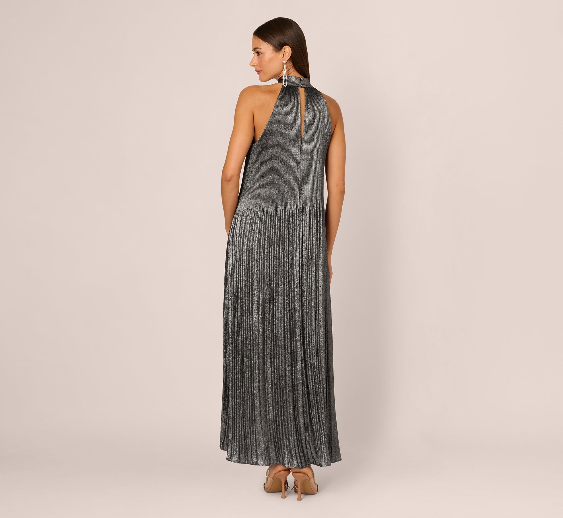 Gunmetal Black Pleated Metallic High Low Maxi Halter Dress