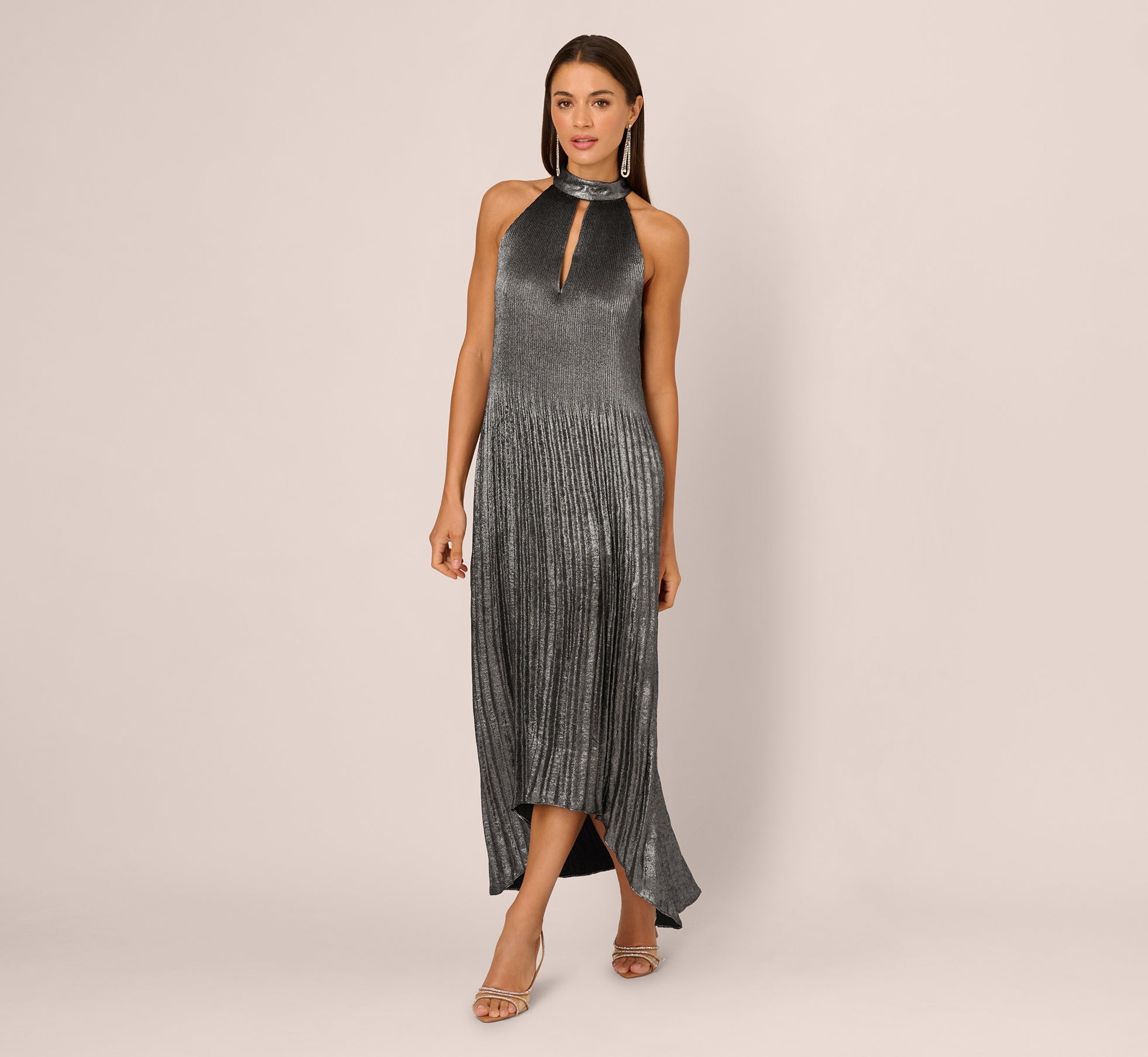 adrianna papell women's crinkle metallic halter midi dress Metal Pleated High Low Maxi SPRING/SUMMER MINI DRESS