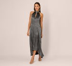 Pleated Metallic High Low Maxi Halter Dress In Gunmetal Black 3