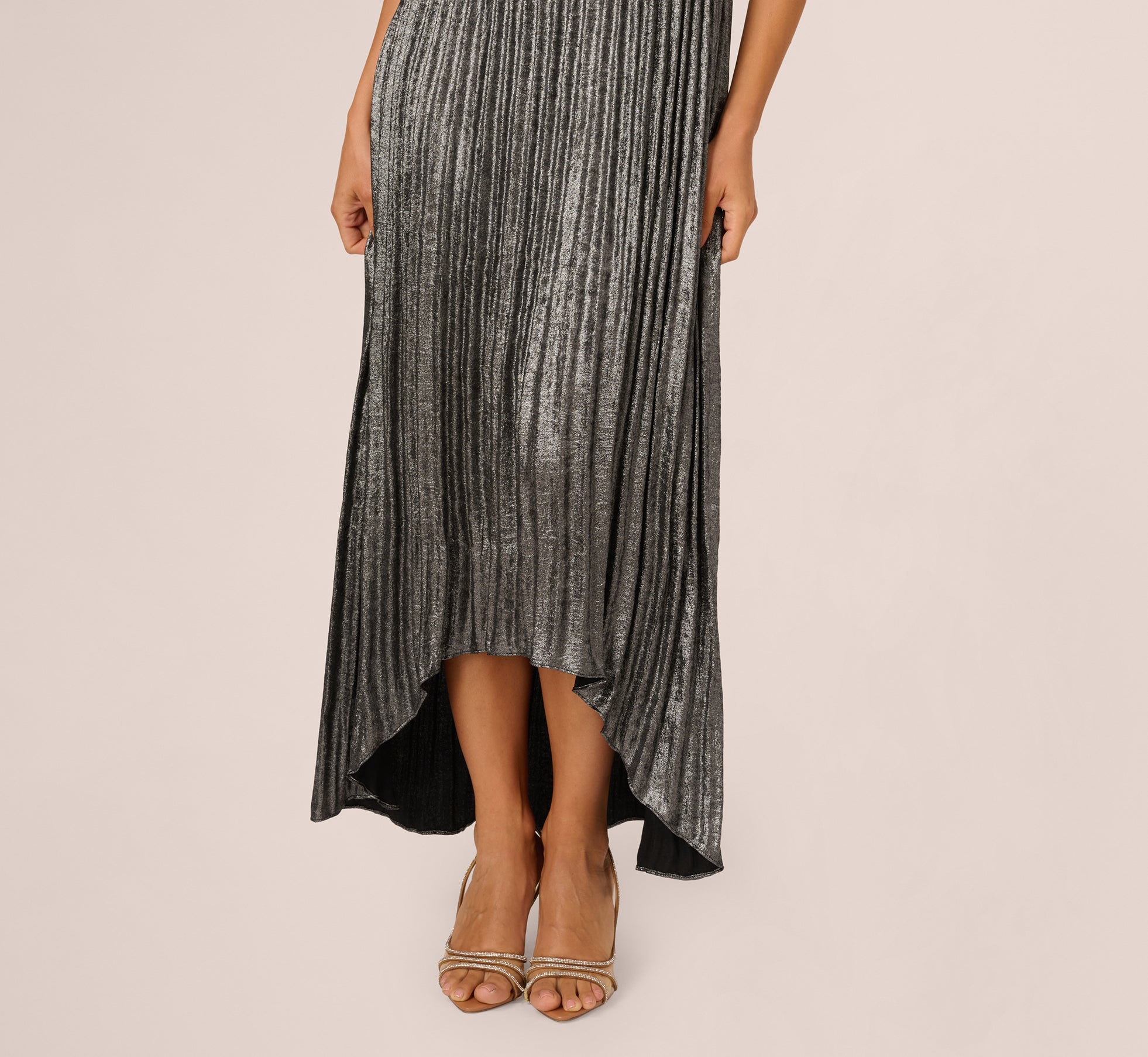 Gunmetal Black Pleated Metallic High Low Maxi Halter Dress