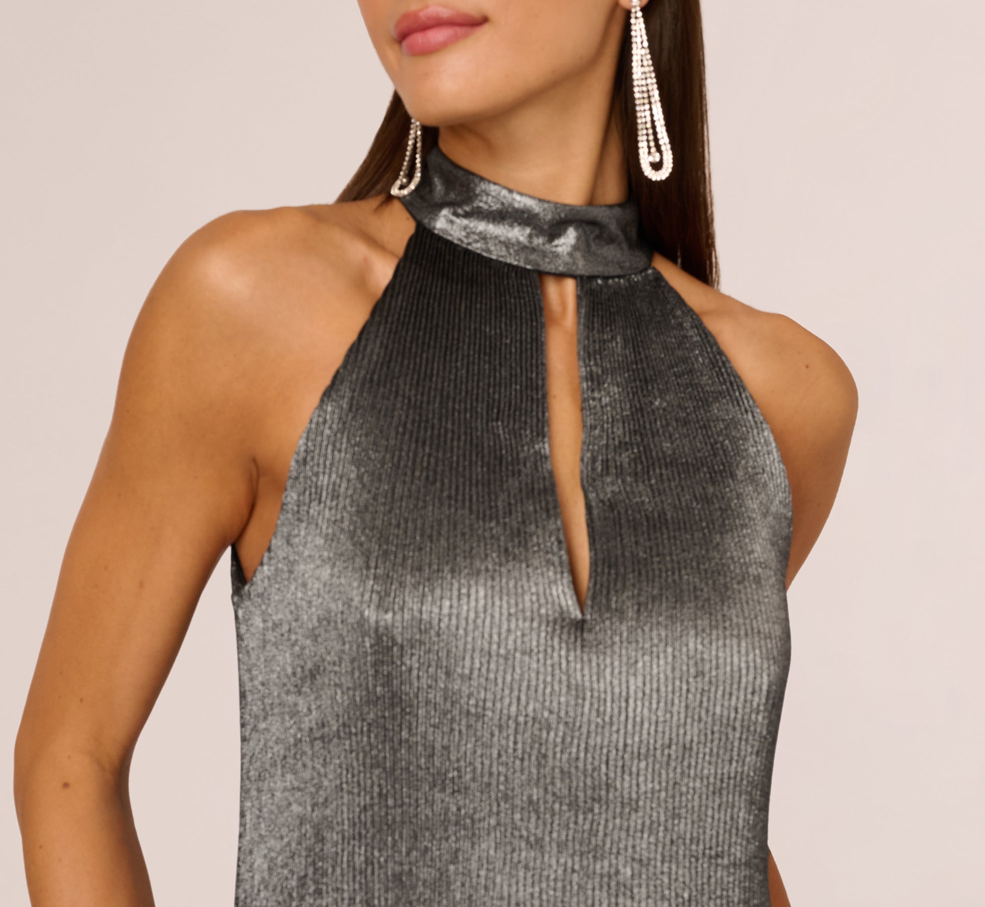 slim fit dress slacks Gunmetal Black Pleated Metallic High Low Maxi Halter Dress