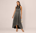 Pleated Metallic High Low Maxi Halter Dress In Gunmetal Black 2
