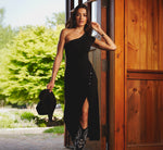 One Shoulder Studded Knit Midi Dress In Black 1